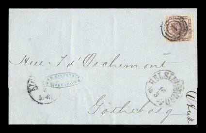 10, 1863 16s Violet, rouletted 11, choice single in an exceptionally deep shade, tied by central strike of numeral 1 target cancel to 1864 folded entire to Göteborg, partial
Kopenhagen11.3 c.d.s. at bottom left, clear Helsingborg16.31864