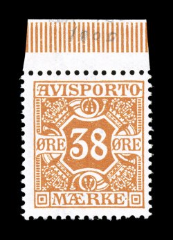 P18, 1914 38ø Orange newspaper stamp, pristine top sheet-margin mint example of this key value, deep rich color, attractively centered, o.g., stamp itself n.h., very fine 1995
Møller certificate (Facit TI18 25,000SEK).