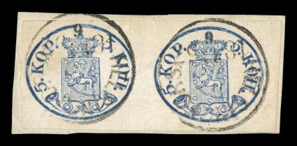 1, 1856 5k Blue, small pearls, an impressive used horizontal pair tied to piece by two central strikes of Helsingfors23.61857 c.d.s., without the usual additional pen stroke
cancels, four large even margins, deep rich color and sharp imp