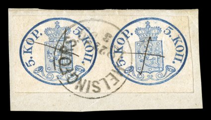 3, 1858 5k Blue, large pearls, an extraordinary quality used horizontal pair, with large to very large margins all around, plus its impressions are strong and detailed,
wonderfully tied to a small piece by a single central strike of Helsingfors