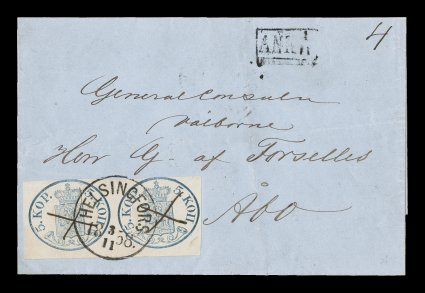 3, 1858 5k Blue, large pearls, horizontal pair, featuring three large margins, fourth at top just barely touching ovals, beautifully tied to a neat folded entire to Åbo by a
perfect central strike of large Helsingfors3.111858 c.d.s., stamps