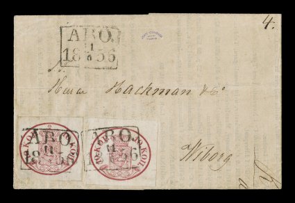 2, 1856 10k Dark carmine, two choice singles, each with four very large margins and with particularly deep color, beautifully tied to an 1856 folded letter to Wiborg by
individual strikes of high boxed Åbo11.61856 postmarks, an additional th
