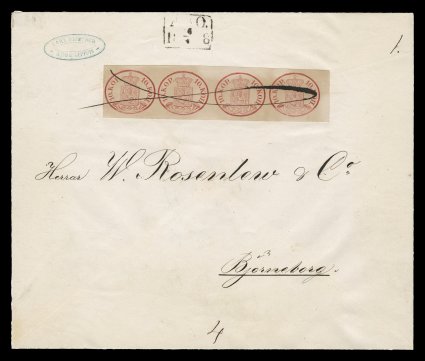2, 1856 10k Rose, the spectacular horizontal strip of four, with large to huge margins all around, tiny scuff on the right stamp, tied to a large cover (edges slightly
refolded) to Björneborg by neat manuscript cross cancel, with high boxed Åbo