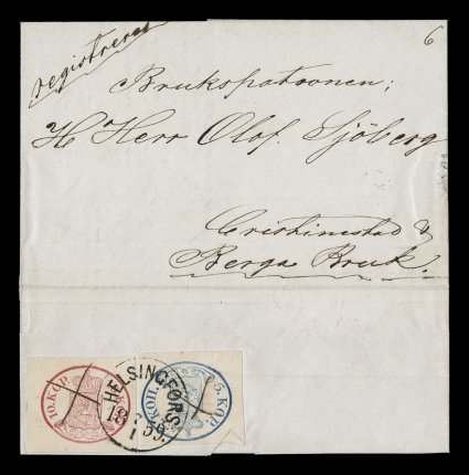 2, 3, 185658 5k Blue, large pearls, and 10k Rose, each with four large to extra-large margins, the 10k showing just a bit of the adjoining stamp at left, deep rich colors as
well, together tied to the reverse of an 1859 folded registered letter