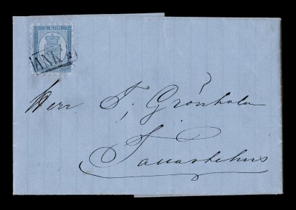 4, 1860 5k Blue, roulette I, unusually well centered and with nearly intact teeth, tied to an immaculate 1863 folded letter from Borgå to Tavastehus by boxed ANK postmark,
very fine and quite choice according to Mikko Ossa in his book on the