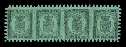 7, 1867 8p Green on black, roulette III, an incredibly handsome and choice used horizontal strip of four, being not only marvelously well centered but with all teeth intact as
well, both traits which are seldom encountered on this difficult issu