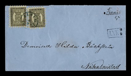 8, 1870 10p Black on yellow, roulette III, two singles, one with intact teeth, the other nearly so, paying the single rate and tied to attractive blue colored cover to
Nikolaistad by neat strike of small blue Alvo6.91871 c.d.s., choice strik