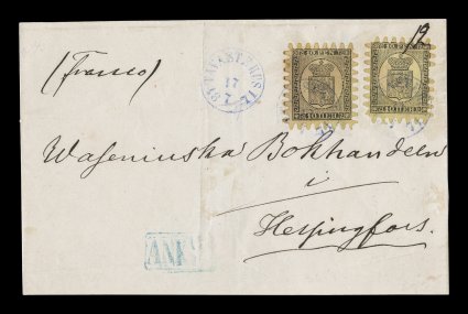 8, 1870 10p Black on yellow, roulette III, two singles, one with intact teeth but with faint discoloration, the other with complete teeth except for one, paying the single
rate and tied to 1871 folded entire to Helsingfors, by two of three strik
