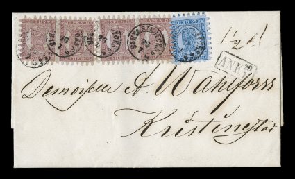 12e, 1866 5p Red brown on lilac, roulette III, tête-bêche pair, positions 22-21, completely intact teeth except for one at top left and of little importance, together with a
horizontal pair of the 5p Red brown on lilac, roulette III (positions 2