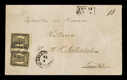13, 1866 10p Black on buff, roulette III, two singles, largely intact teeth (both with one rounded corner), tied by one of two strikes of Helsingfors15.41869 c.d.s., addressed
to Tavastehus, boxed ANK15.4 postmark at top right, light centr