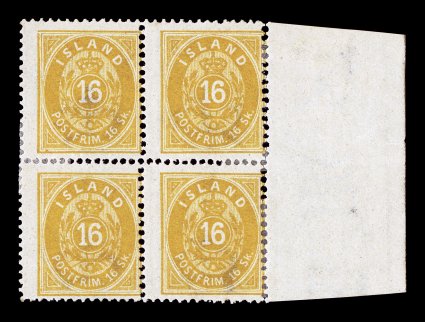 4, 1873 16s Yellow, perforated 14 x 13 12, very rare mint block of four, with sheet margin at right, vivid color, centered just to design at right, o.g., couple of minor
h.r.s, a couple of which reinforce separated perforations at the sheet ma