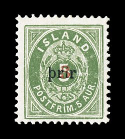 31, 1897 3a on 5a Green, large type, perforated 13, attractive centering, rich color, o.g., lightly hinged, very fine (Facit 35 7,000SEK).