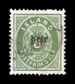 31a, 1897 3a on 5a Green, large type, perforated 14 x 13 12, a premium used example of this very rare stamp, lightly cancelled, exceptionally well centered and margined, very
fine a stamp that is missing in even the most advanced collections o
