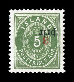 31b, 1897 3a on 5a Green, large type, perforated 13, inverted surcharge, a premium quality mint example of this very scarce variety, near perfect centering, deep rich color,
o.g., minor h.r., extremely fine 1981 Kaiser certificate (Facit 35v1