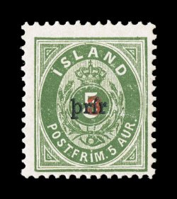 32, 1897 3a on 5a Green, small type, perforated 13, pristine mint single, rich color, o.g., faint trace of hinging, nearly very fine 1968 PF certificate (Facit 34
5,000SEK).