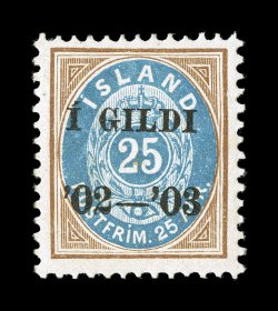 57, 1902-03 25a Yellow brown and blue, black overprint, perforated 13, a premium mint example of this very rare stamp, brilliantly fresh, strong rich colors, attractively
centered, o.g., lightly hinged, very fine few examples ever appear on the