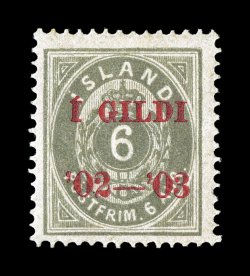 61, 1902-03 6a Gray, red overprint, perforated 14 x 13 12, fresh mint example, strong color, attractively centered, o.g., lightly hinged, very fine for this elusive stamp
signed and accompanied by a 1967 PF certificate ex-Joyner (Facit 4