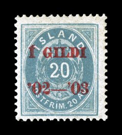 62, 1902-03 20a Blue, red overprint, perforated 14 x 13 12, a rarely offered mint example, possessing a wonderful overall freshness, rather well centered (particularly when
compared to other existing examples), o.g., lightly hinged, very fine