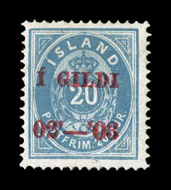 62 var., 1902-03 20a Blue, red overprint, perforated 14 x 13 12, 02-03 overprint error instead of 02-03, fresh mint example of this rarity, rather well centered, rich color,
o.g., very fine a terribly elusive stamp even without the overpri