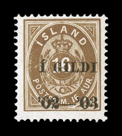 65, 1902-03 16a Brown, black overprint, perforated 14 x 13 12, deep rich color, fairly well centered, o.g., lightly hinged, nearly very fine for this scarce stamp signed a
couple of times including A. Diena (Facit 40 13,000SEK).