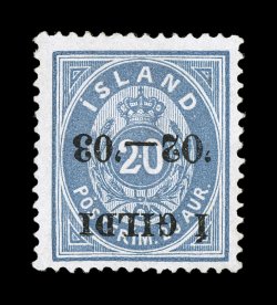 65C, 1902-03 20a Blue, black overprint, perforated 14 x 13 12, overprint inverted, position 4 in the halfsheet from one of the six settings, an incredibly rare inverted
surcharge on a stamp that is a rarity even with a normally positioned overp