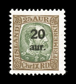 132 var., 1921 20 aur. on 25a Brown and green, double surcharge, fresh mint example of this seldom seen error, both surcharges while virtually on top of one another are quite
clear and distinct, strong colors, o.g., minor h.r., fine not liste