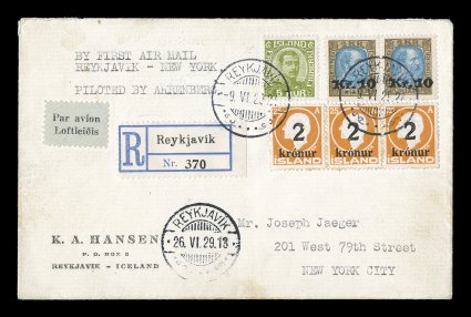 142, 149, 1929 10K on 5K and 2K on 25a Surcharges, a horizontal pair of the former and a horizontal strip of three of the latter, also with two unsurcharged 5a issues, all
tied to scarce registered cover flown on the first Air Mail flight from R