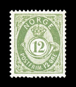 41, 1883 12ö Green, a gem mint example of this key value, extraordinarily well centered, bright fresh color, o.g., with just the barest trace of hinging (if at all), extremely
fine (Facit 41 15,000SEK).