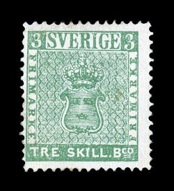 1, 1855 3s Blue green on thin paper, a wonderfully fresh and fault-free unused example of this classic stamp, without gum as always found, considerably stronger color and
impression than usual on bright paper, additionally its centering is super