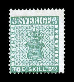 1 var., 1855 3s Blue green on thin paper, TOE for TRE error, an immensely rare unused example of this important variety, in fact, this is the only recorded unused example
according to the Facit catalog showing the distinctive TOE error