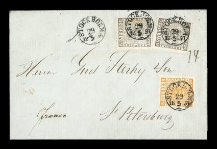 3, 4, 1855 6s Brownish gray and 8s Dull yellow orange, two singles of the former and a single of the latter, all tied to a lovely 1857 folded letter sheet to St. Petersburg by
outstanding strikes of Stockholm29.51857 c.d.s., with a fourth st