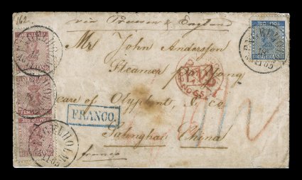 8, 12, 1858-62 12ö Blue and 50ö Violet-tinged rose, single of the former and three singles of the latter, tied to an extremely rare cover to Shanghai, China by
Stockholm18.111865 c.d.s. postmarks, sent via Prussia and England, with blue