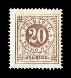 23b, 1872 20ö Dull red on 20ö Pale orange double impression, a lovely mint example of this most unusual double impression in two different colors, attractively centered, quite
fresh, o.g., h.r., very fine a choice example of this rarity 1994 O