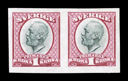 65a, 1900 1Kr Carmine and slate, imperforate, horizontal pair, four huge margins, rich colors, o.g., lightly hinged, extremely fine a handsome pair (Facit 60v1
4,800SEK).