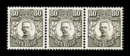 90, 92, 1918 55ö Pale blue and 80ö Black King Gustav V, the two key rarities of the set in wonderfully matching horizontal strips of three each, only 1,000 of each value were
printed, each strip incredibly well centered, plus their colors and im