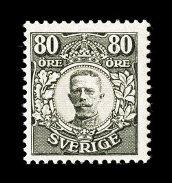 92, 1918 80ö Black, handsome mint single of this key value, o.g., lightly hinged, very fine signed and accompanied by a 1969 PF certificate ex-Joyner (Facit 94
15,000SEK).