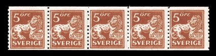 123 var., 1921 5ö Copper red, perf. 10 vert., watermarked inverted wavy lines and letters, horizontal coil strip of five displaying this very rare watermark variety, quite
fresh, deep rich color and impression, o.g., n.h., fine-very fine left s