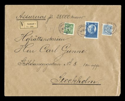 211, 1924 5Kr Universal Postal Union Congress, the highest value from the set used on a very rare large registered cover (along with 10ö and 110ö coil singles) to Stockholm,
all three stamps tied by Sundsvall 12.12.24 c.d.s., cover with five