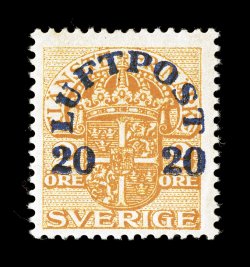 C4, 1920 20ö Air Post surcharge on 2ö Orange, watermarked crown, fresh mint example of this scarce stamp of which only 100 were printed on crown watermarked paper, well
centered, o.g., lightly hinged, very fine light pencil signature (Facit 13