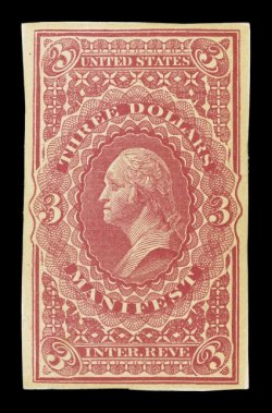 Turner Essay 9a var., $3.00 Manifest, die essay in carmine on medium wove paper, Turner lists the carmine color having the manuscript note partly washed off (9b), but lists the
basic design in only gray and dull green, very fine.