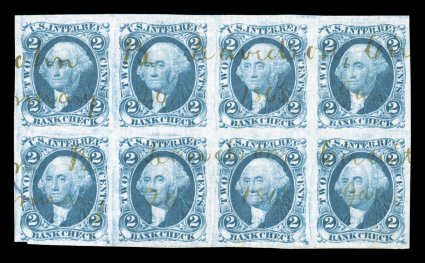 R5a, 2c Bank Check, imperforate, block of eight (4x2), large to extra-large margins all around, sumptuously rich color and a detailed impression on bright paper, light neat ms.
cancel, faint paper wrinkle through the third column, very fine and