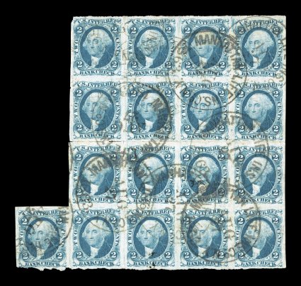 R5a, 2c Bank Check, imperforate, block of seventeen (4x4 plus a stamp at bottom left), large margins, strong bright color, Manhattan Life Ins. Co. 1863 c.d.s. handstamps,
reinforced horizontal crease between middle rows, otherwise very fine.
