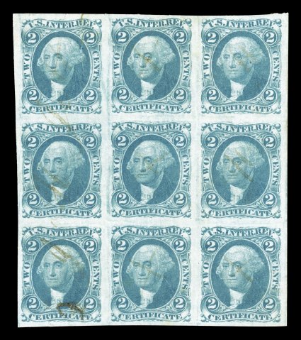 R7a, 2c Certificate, imperforate, block of nine (3x3), large margins all around, strong rich color, light ms. cancels, left stamps with faults, very fine appearance only two
larger multiples exist.