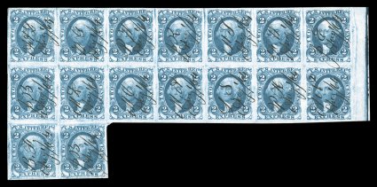 R9a, 2c Express, imperforate, irregular block of sixteen, noted on the reverse as being positions 837, with sheet margin at right, strong rich color, large margins all around,
neat ms. cancels, the fifth stamp on the top row with a small closed