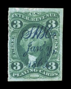 R17a, 3c Playing cards, imperforate, three large margins, fourth at left quite ample, strong color and a well incised impression, neat fancy blue printed cancel SH&CJany,1863
of the Samuel & Hart Co. (a playing card manufacturer), small