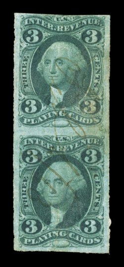R17a, 3c Playing cards, imperforate, vertical pair, mostly large margins, close but clears at top, rich color, ms. cancel, repaired, very fine appearance.The Three Cent Playing
Cards Imperforate is the rarest of all the first issue revenues. S