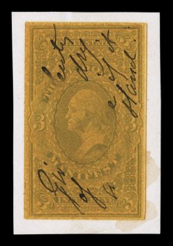 Turner Essay 9b, $3.00 Manifest, die essay in dark gray on medium wove paper, manuscript note partly washed off, with a few acid test spots at bottom right which is typical of
this, small thin, otherwise very fine.