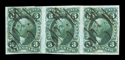R19a, 3c Telegraph, imperforate, horizontal strip of three, full to large margins all around, deep rich color and a strong impression, light vertical crease through the middle
stamp, otherwise very fine a scarce multiple.