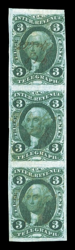 R19a, 3c Telegraph, imperforate, vertical strip of three, large margins all around except just into the design at top right, deep intense color and impression, light ms.
cancels, horizontal crease through the middle stamp, very fine appearance.