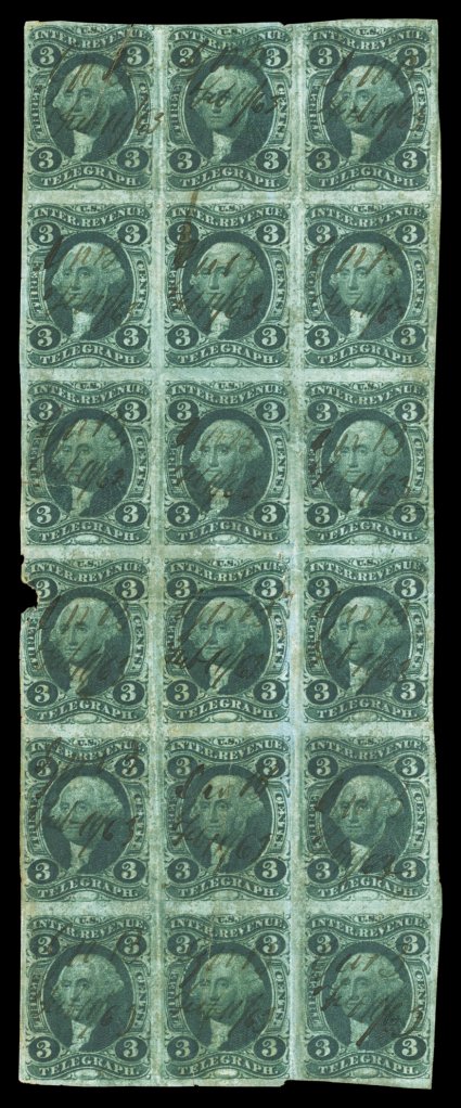 R19a, 3c Telegraph, imperforate, block of eighteen (3x6), deep color, mostly large margins around, faults, fine-very fine appearance this is the only recorded block of eighteen
and the second largest block of this stamp.